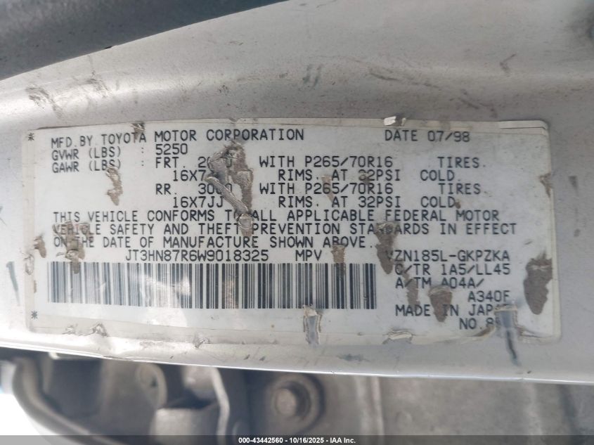 1998 Toyota 4Runner Limited VIN: JT3HN87R6W9018325 Lot: 43442560