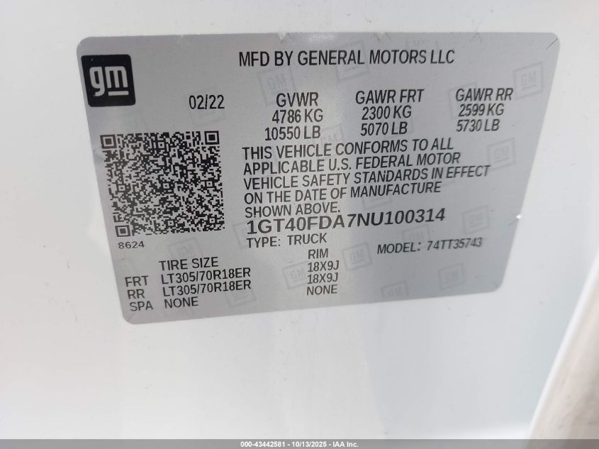 2022 GMC Hummer Ev Pickup Edition 1 VIN: 1GT40FDA7NU100314 Lot: 43442581