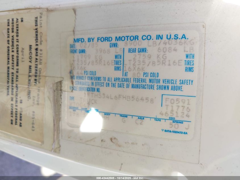 1985 Ford Econoline S350 Super Duty Van VIN: 1FTHS34L6FHB56458 Lot: 43442585