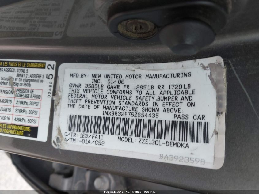 2006 Toyota Corolla Ce VIN: 1NXBR32E76Z654435 Lot: 43442613