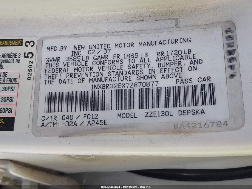 2007 Toyota Corolla S VIN: 1NXBR32EX7Z870877 Lot: 43442624