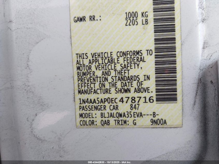 2014 Nissan Maxima 3.5 S/3.5 Sv VIN: 1N4AA5AP0EC478716 Lot: 43442630