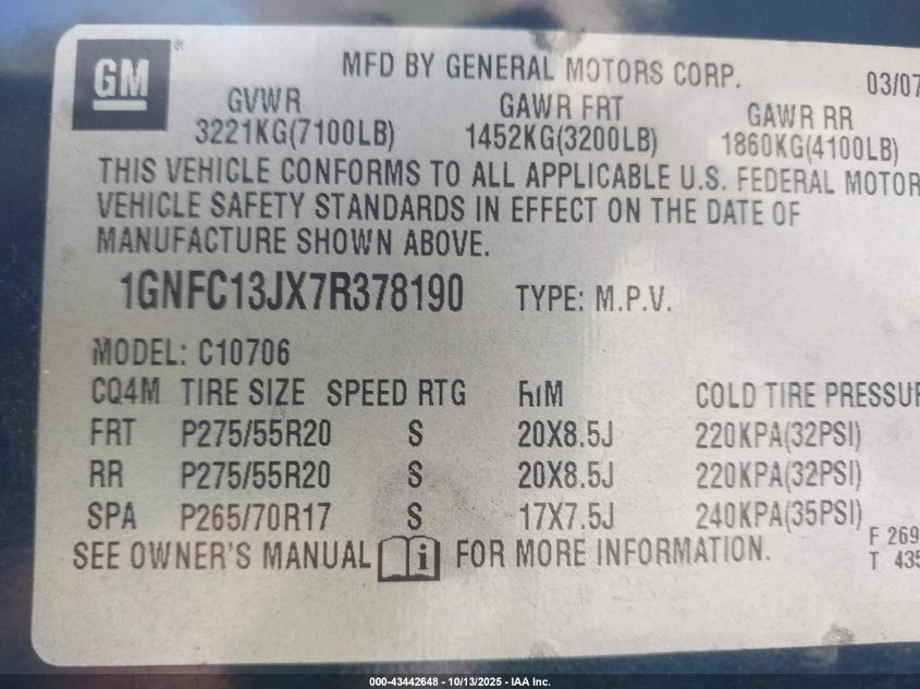 2007 Chevrolet Tahoe Lt VIN: 1GNFC13JX7R378190 Lot: 43442648