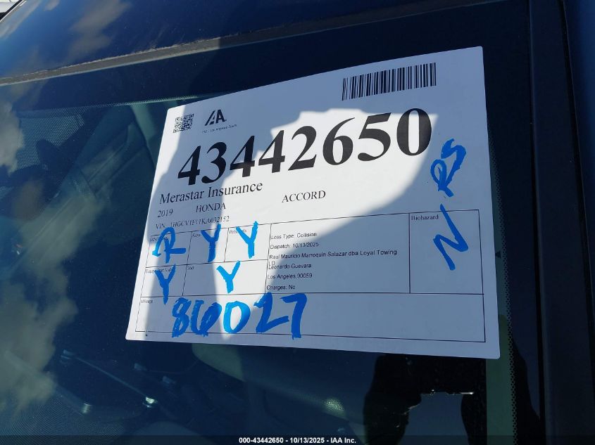 2019 Honda Accord Lx VIN: 1HGCV1F11KA032152 Lot: 43442650