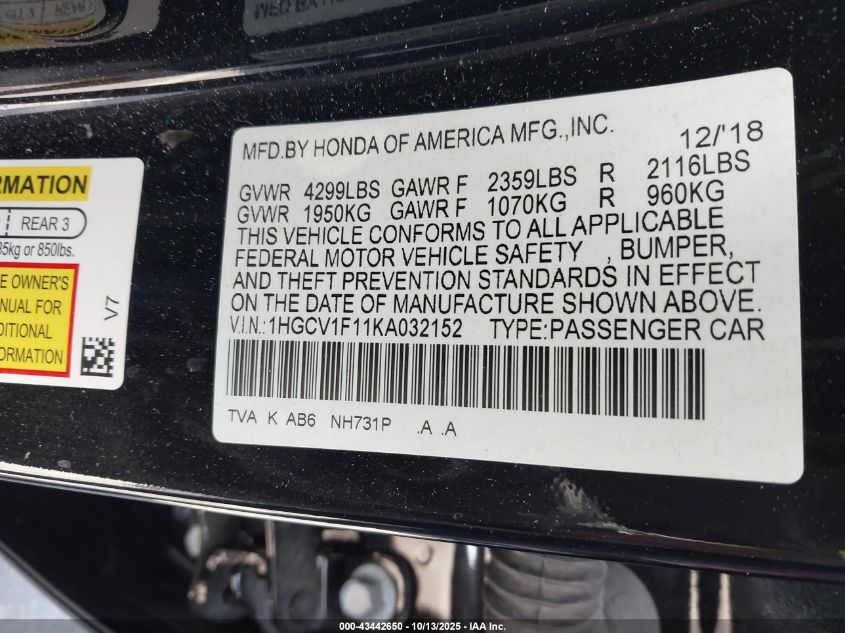 2019 Honda Accord Lx VIN: 1HGCV1F11KA032152 Lot: 43442650