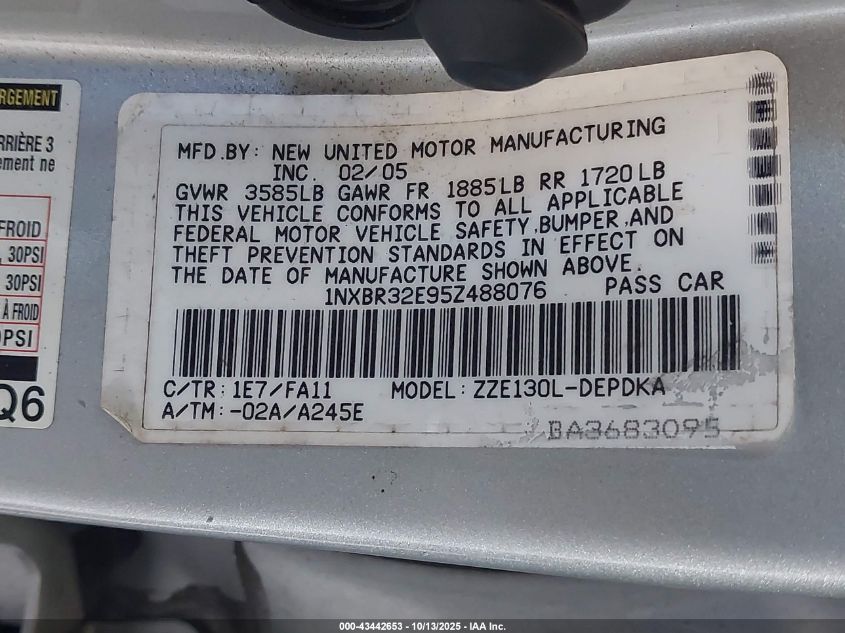 2005 Toyota Corolla Ce VIN: 1NXBR32E95Z488076 Lot: 43442653