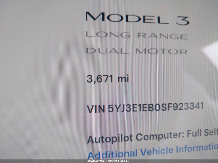 2025 Tesla Model 3 Long Range All-Wheel Drive VIN: 5YJ3E1EB0SF923341 Lot: 43442654