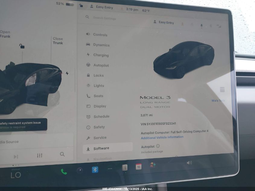 2025 Tesla Model 3 Long Range All-Wheel Drive VIN: 5YJ3E1EB0SF923341 Lot: 43442654