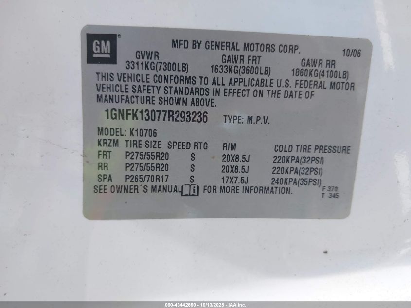 2007 Chevrolet Tahoe Ltz VIN: 1GNFK13077R293236 Lot: 43442660