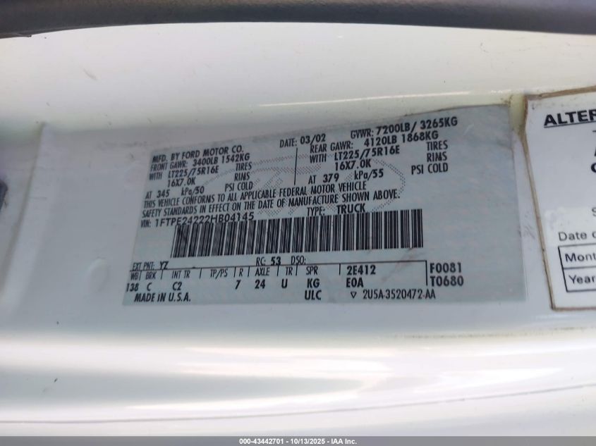 2002 Ford E-250 Commercial VIN: 1FTPE24222HB04145 Lot: 43442701