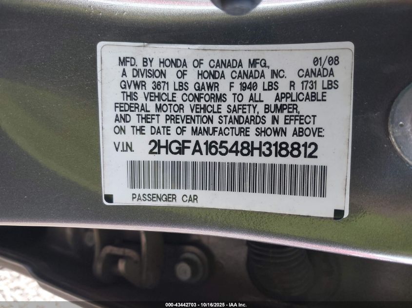 2008 Honda Civic Lx VIN: 2HGFA16548H318812 Lot: 43442703