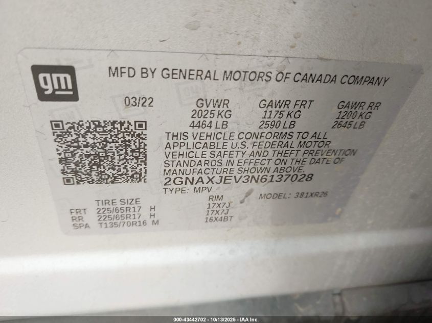 2022 Chevrolet Equinox Fwd 2Fl VIN: 2GNAXJEV3N6137028 Lot: 43442702