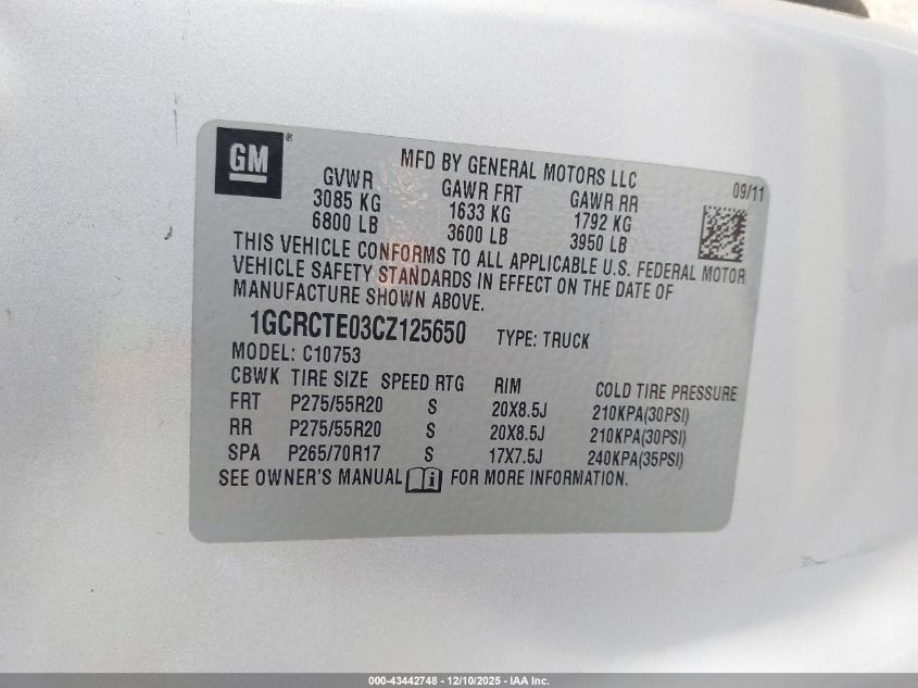 2012 Chevrolet Silverado 1500 Ltz VIN: 1GCRCTE03CZ125650 Lot: 43442748
