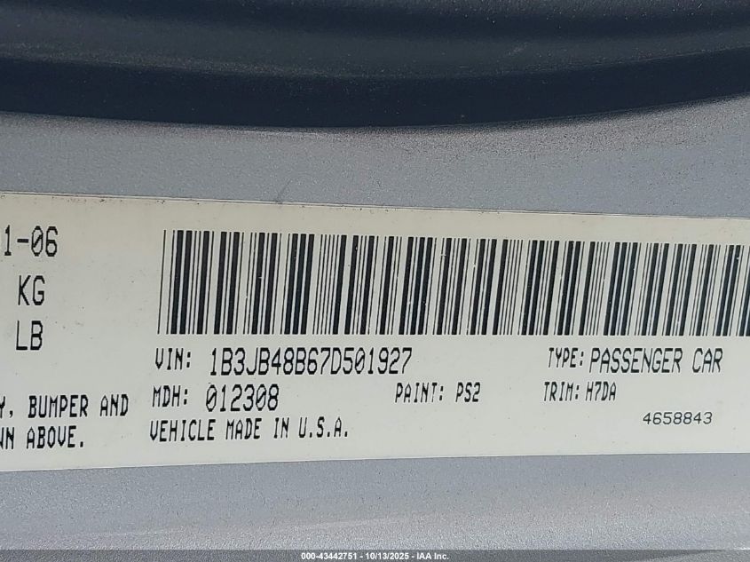 2007 Dodge Caliber Sxt VIN: 1B3JB48B67D501927 Lot: 43442751