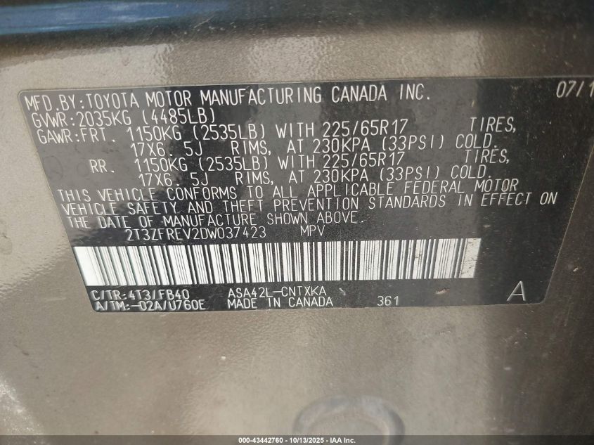 2013 Toyota Rav4 Le VIN: 2T3ZFREV2DW037423 Lot: 43442760