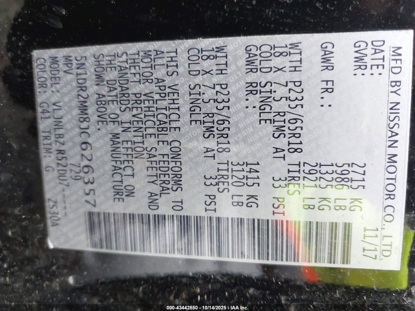 2018 NISSAN PATHFINDER S 5N1DR2MM8JC626357