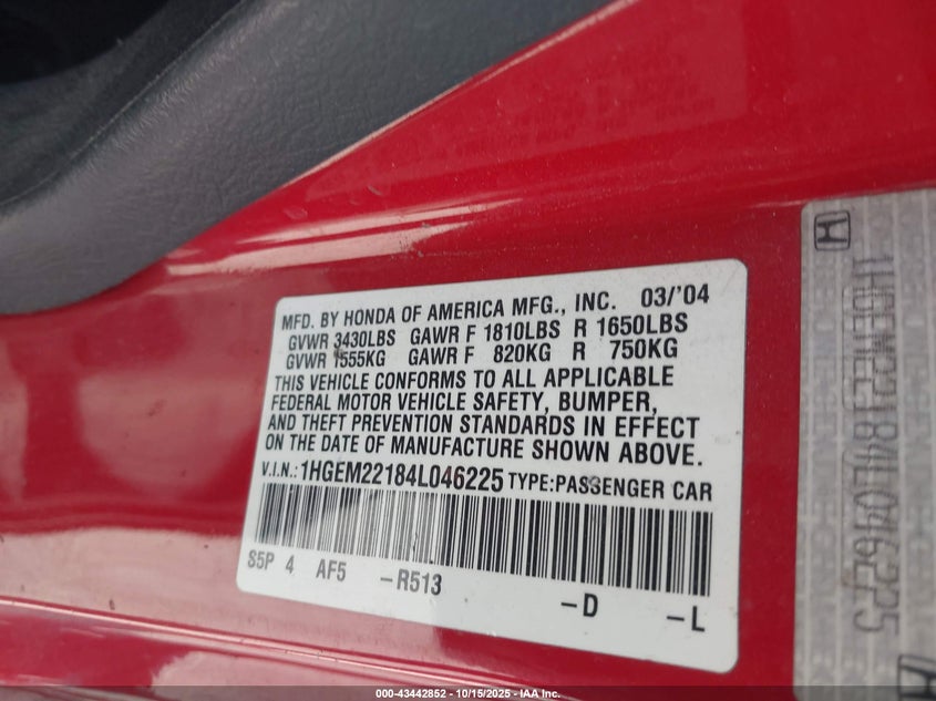 2004 Honda Civic Vp VIN: 1HGEM22184L046225 Lot: 43442852