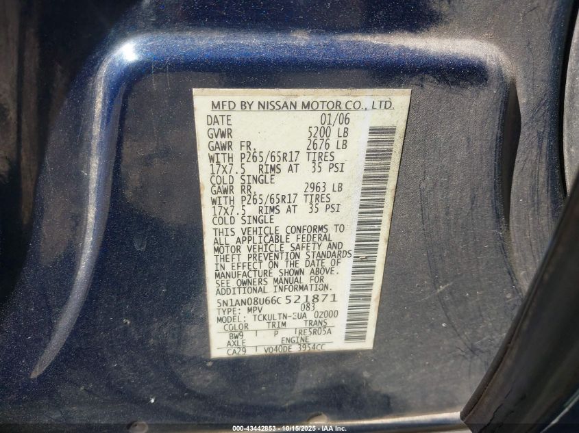 2006 Nissan Xterra Se VIN: 5N1AN08U66C521871 Lot: 43442853