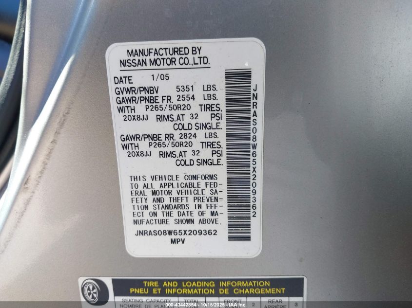 2005 Infiniti Fx35 VIN: JNRAS08W65X209362 Lot: 43442854