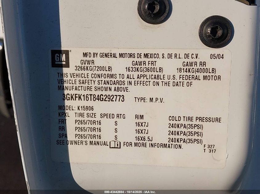 2004 GMC Yukon Xl 1500 Slt VIN: 3GKFK16T84G292773 Lot: 43442884