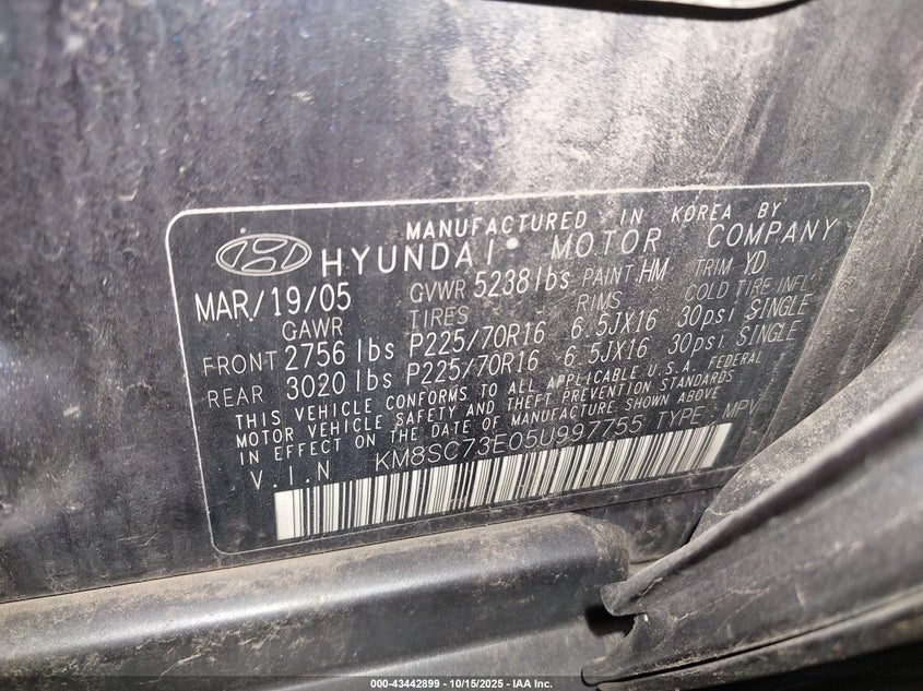 KM8SC73E05U997755 2005 HYUNDAI SANTA FE photo no. 9