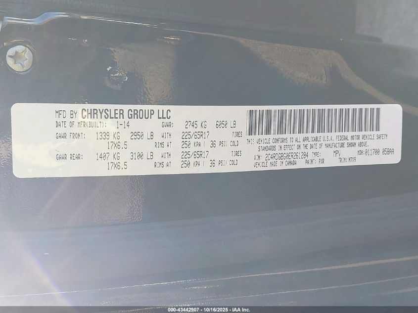 2014 Dodge Grand Caravan Se 30Th Anniversary VIN: 2C4RDGBG0ER261284 Lot: 43442907