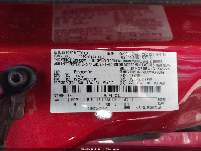 2013 Ford C-Max Hybrid Sel VIN: 1FADP5BU4DL543226 Lot: 43442915