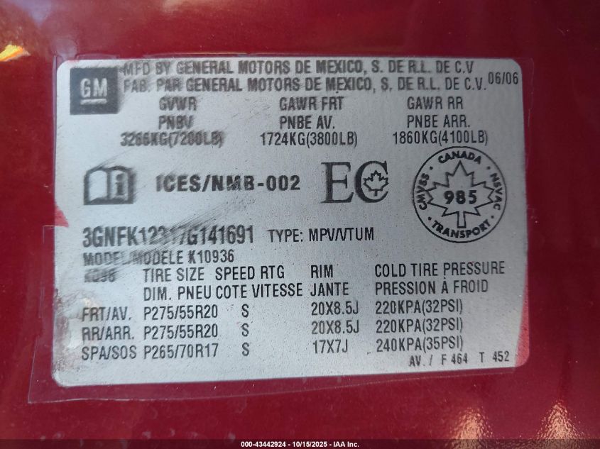 2007 Chevrolet Avalanche 1500 Ls/Lt/Ltz VIN: 3GNFK12317G141691 Lot: 43442924