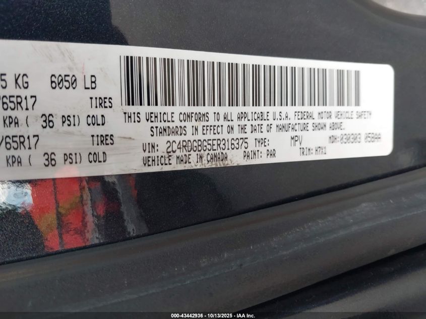 2014 Dodge Grand Caravan American Value Pkg VIN: 2C4RDGBG5ER316375 Lot: 43442936