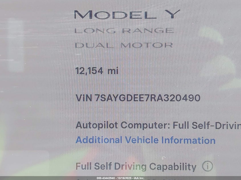 2024 Tesla Model Y Long Range Dual Motor All-Wheel Drive VIN: 7SAYGDEE7RA320490 Lot: 43442940