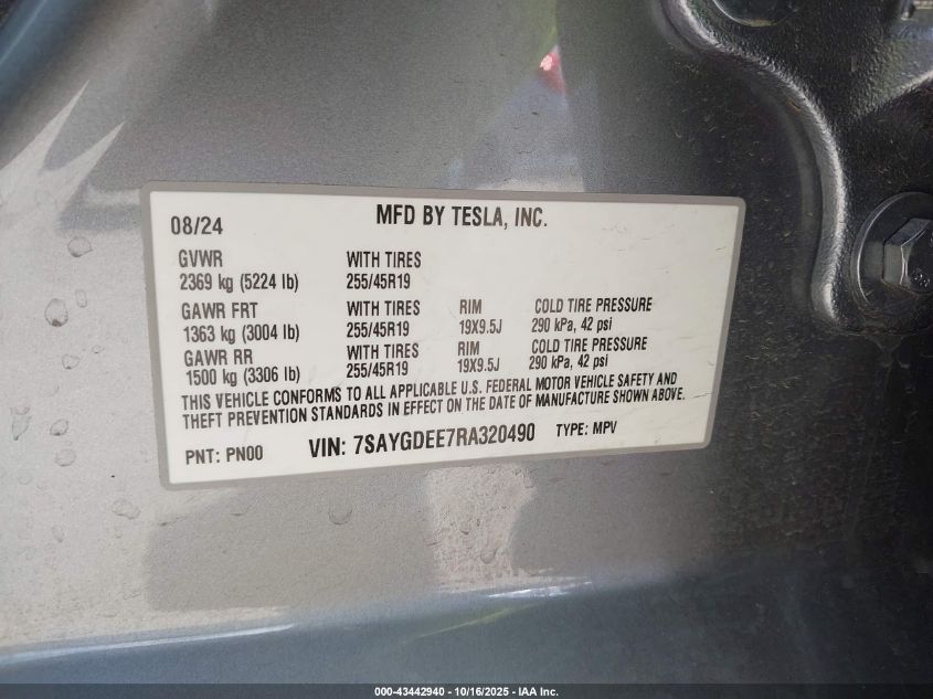 2024 Tesla Model Y Long Range Dual Motor All-Wheel Drive VIN: 7SAYGDEE7RA320490 Lot: 43442940