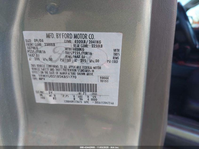 2005 Ford Escape Xlt VIN: 1FMYU03185KB51770 Lot: 43442959