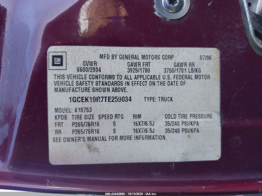 1996 Chevrolet Gmt-400 K1500 VIN: 1GCEK19R7TE259034 Lot: 43442960