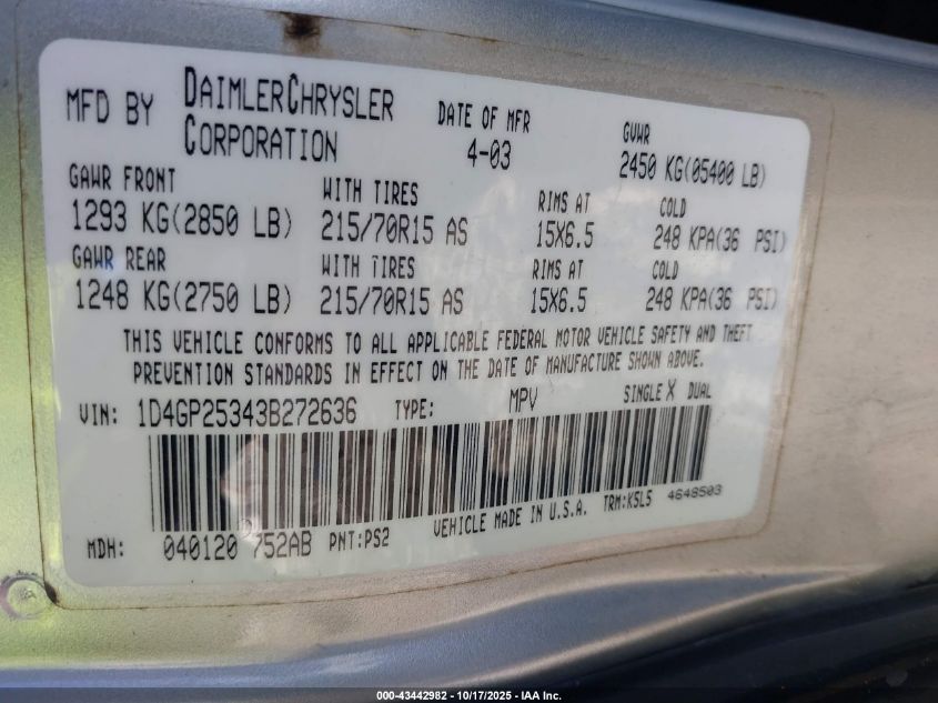 2003 Dodge Caravan Se VIN: 1D4GP25343B272636 Lot: 43442982