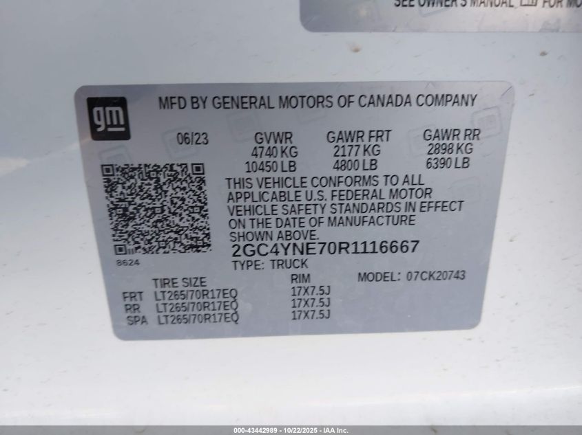 2024 Chevrolet Silverado 2500Hd 4Wd Standard Bed Lt VIN: 2GC4YNE70R1116667 Lot: 43442989