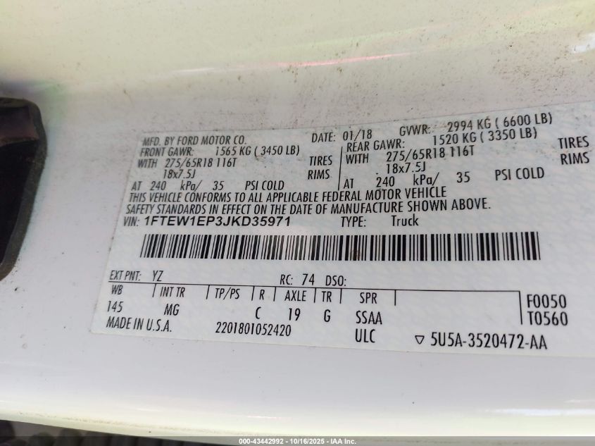 2018 Ford F-150 Xlt VIN: 1FTEW1EP3JKD35971 Lot: 43442992