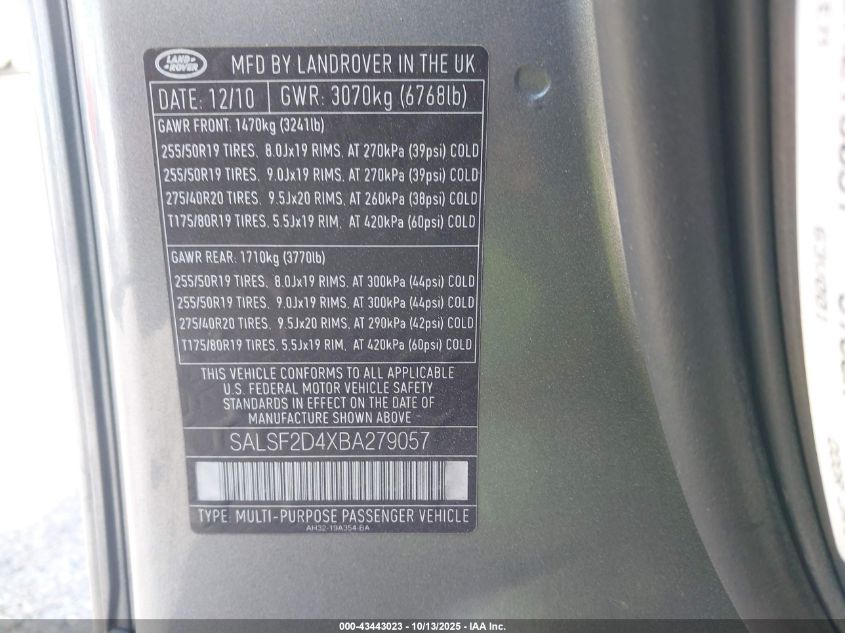 2011 Land Rover Range Rover Sport Hse VIN: SALSF2D4XBA279057 Lot: 43443023