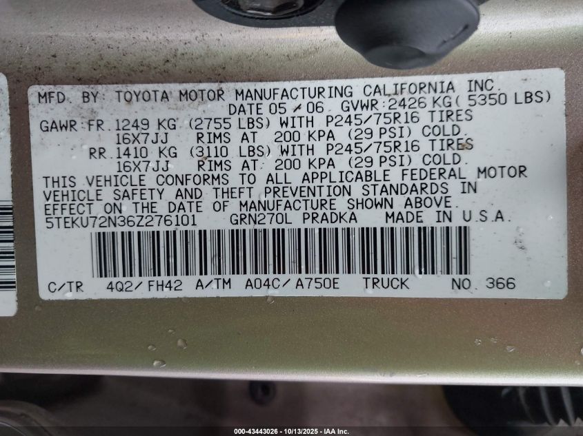 2006 Toyota Tacoma Prerunner V6 VIN: 5TEKU72N36Z276101 Lot: 43443026
