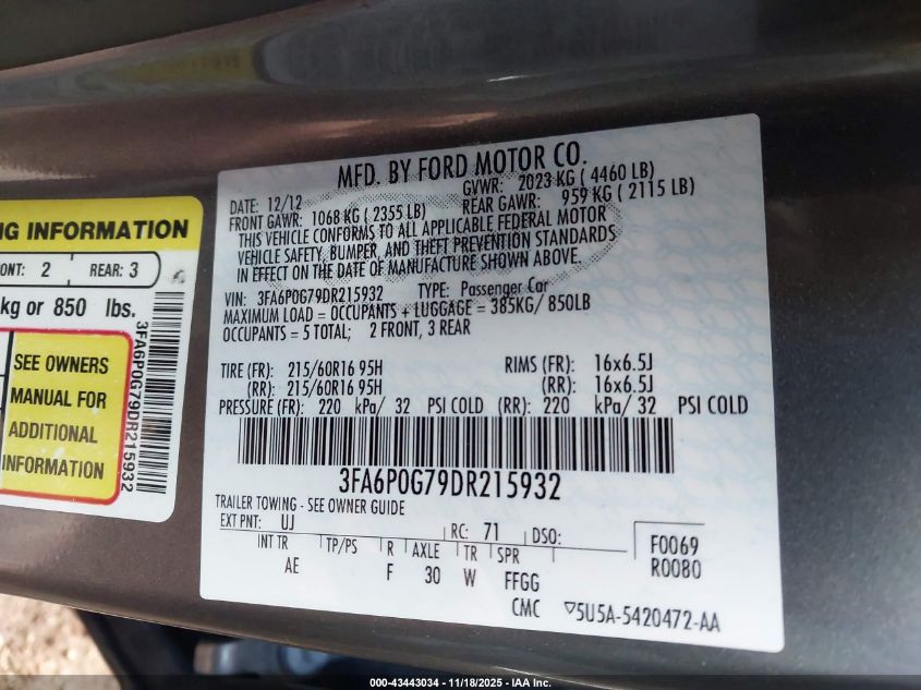 2013 Ford Fusion S VIN: 3FA6P0G79DR215932 Lot: 43443034