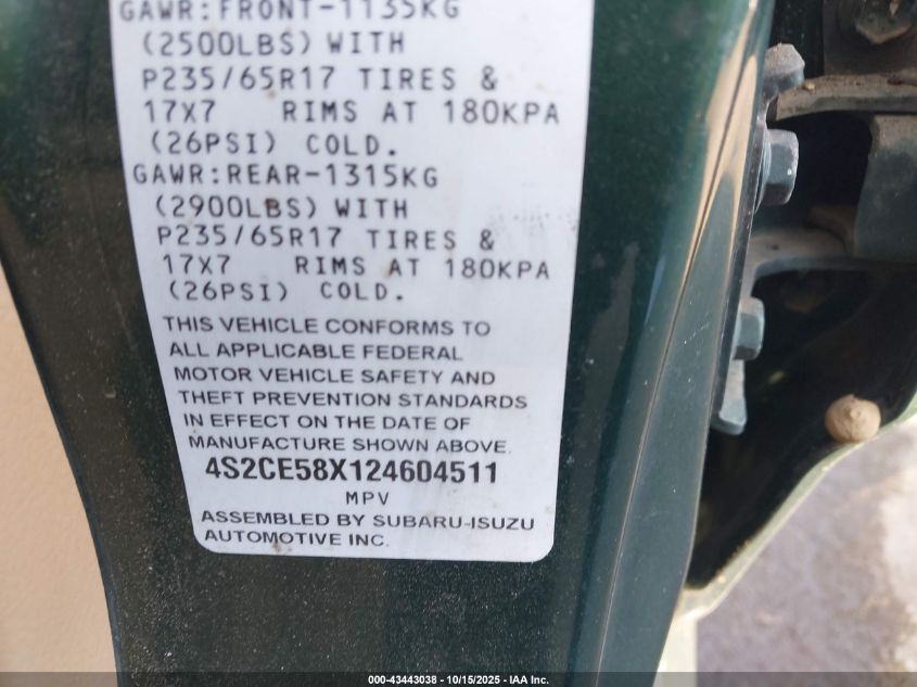 2002 Isuzu Axiom Xs VIN: 4S2CE58X124604511 Lot: 43443038