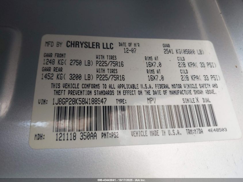 2008 Jeep Liberty Sport VIN: 1J8GP28K58W188947 Lot: 43443041