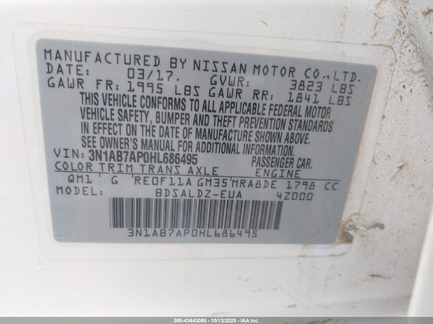 2017 Nissan Sentra Sv VIN: 3N1AB7AP0HL686495 Lot: 43443068