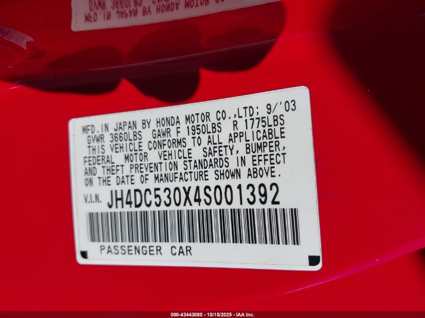 2004 Acura Rsx Type S VIN: JH4DC530X4S001392 Lot: 43443080