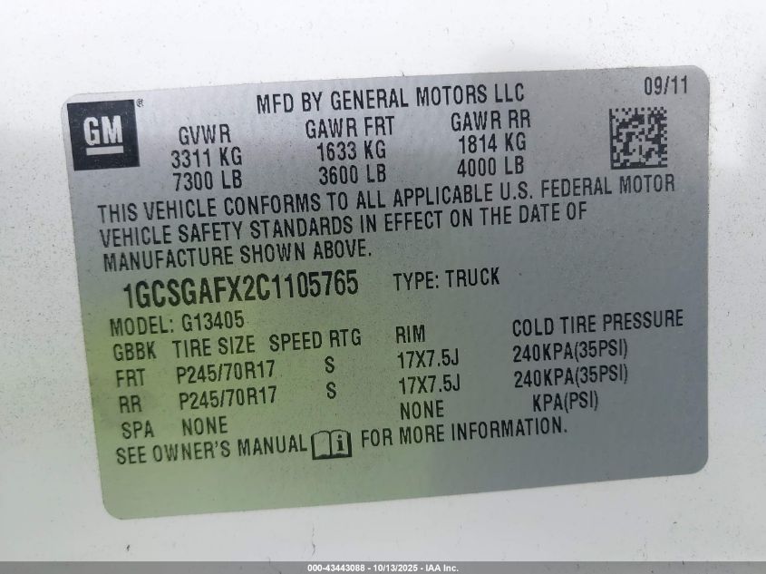 2012 Chevrolet Express 1500 Work Van VIN: 1GCSGAFX2C1105765 Lot: 43443088