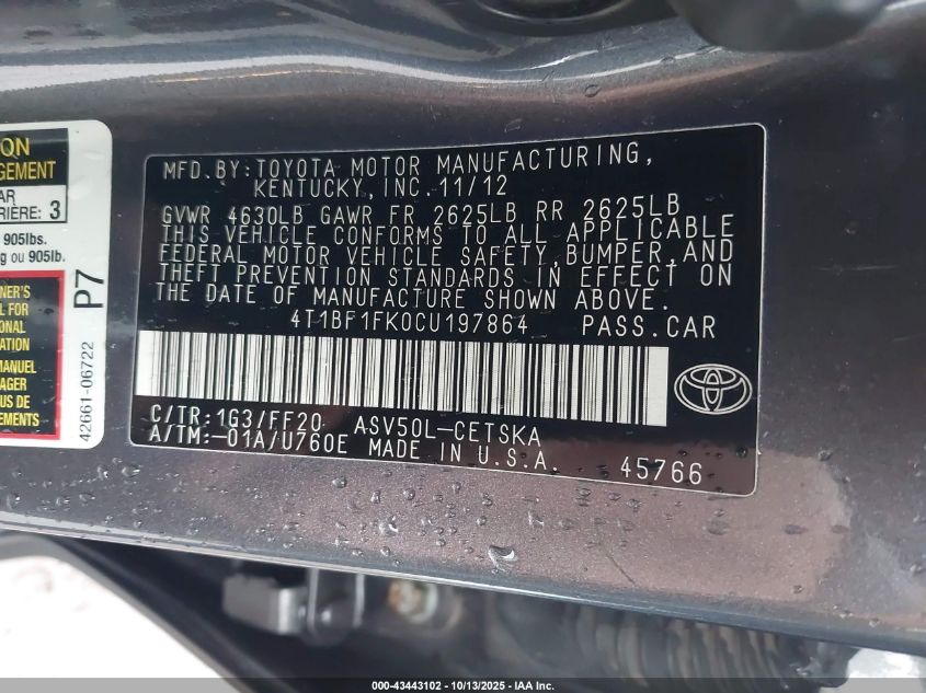 2012 Toyota Camry Se VIN: 4T1BF1FK0CU197864 Lot: 43443102