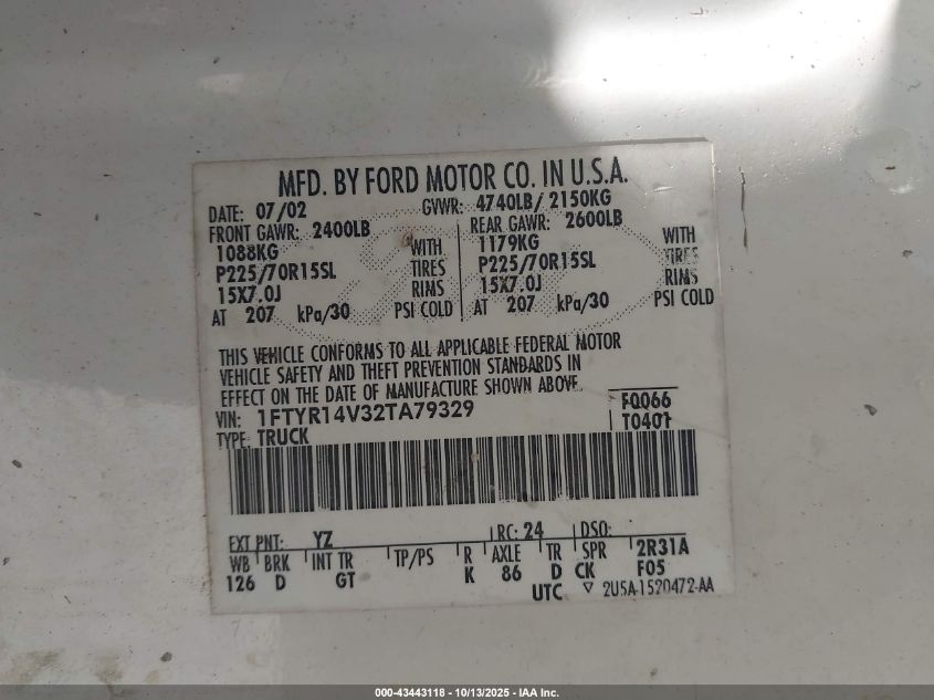 2002 Ford Ranger Edge/Tremor/Xl/Xlt VIN: 1FTYR14V32TA79329 Lot: 43443118