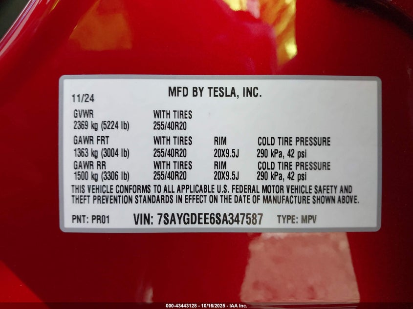 2025 Tesla Model Y Long Range Dual Motor All-Wheel Drive VIN: 7SAYGDEE6SA347587 Lot: 43443128