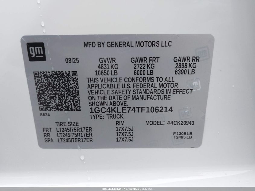 2026 Chevrolet Silverado 2500Hd , Long Bed, Wt, 4Wd VIN: 1GC4KLE74TF106214 Lot: 43443141