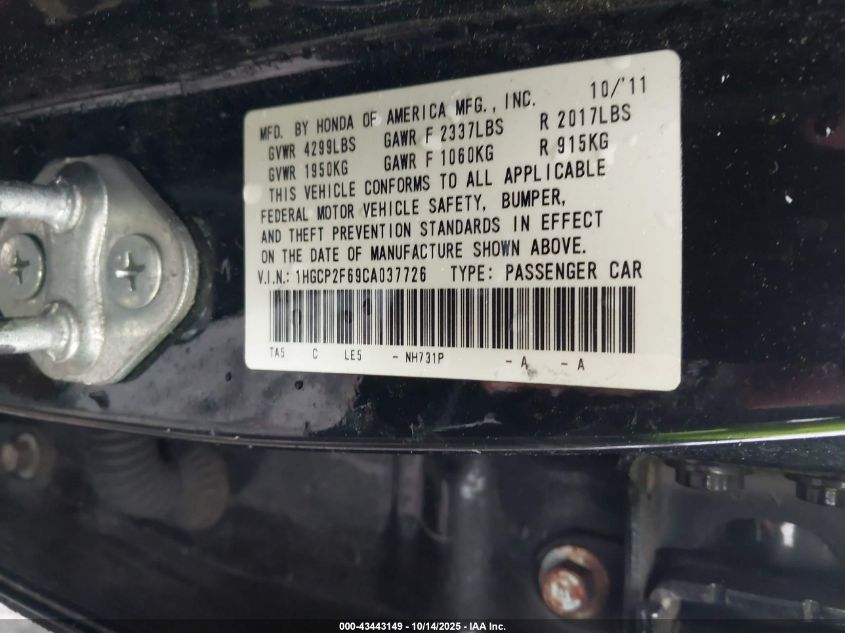 2012 Honda Accord 2.4 Se VIN: 1HGCP2F69CA037726 Lot: 43443149