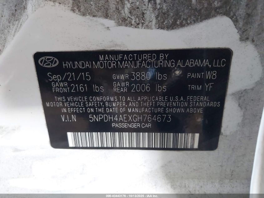 2016 Hyundai Elantra Se VIN: 5NPDH4AEXGH764673 Lot: 43443176